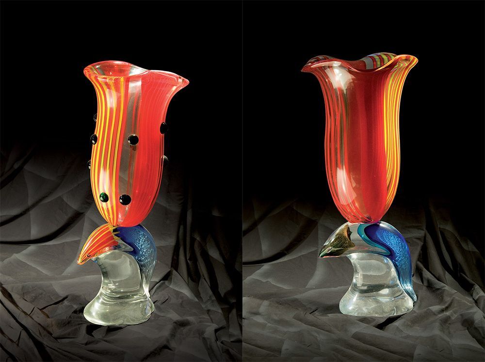 PAIR OF LARGE CRATERS WITH "MARINE ALLEGORIES" IN MURANO POLYCHROME GLASS - Signed "futurist" style works by master Toso